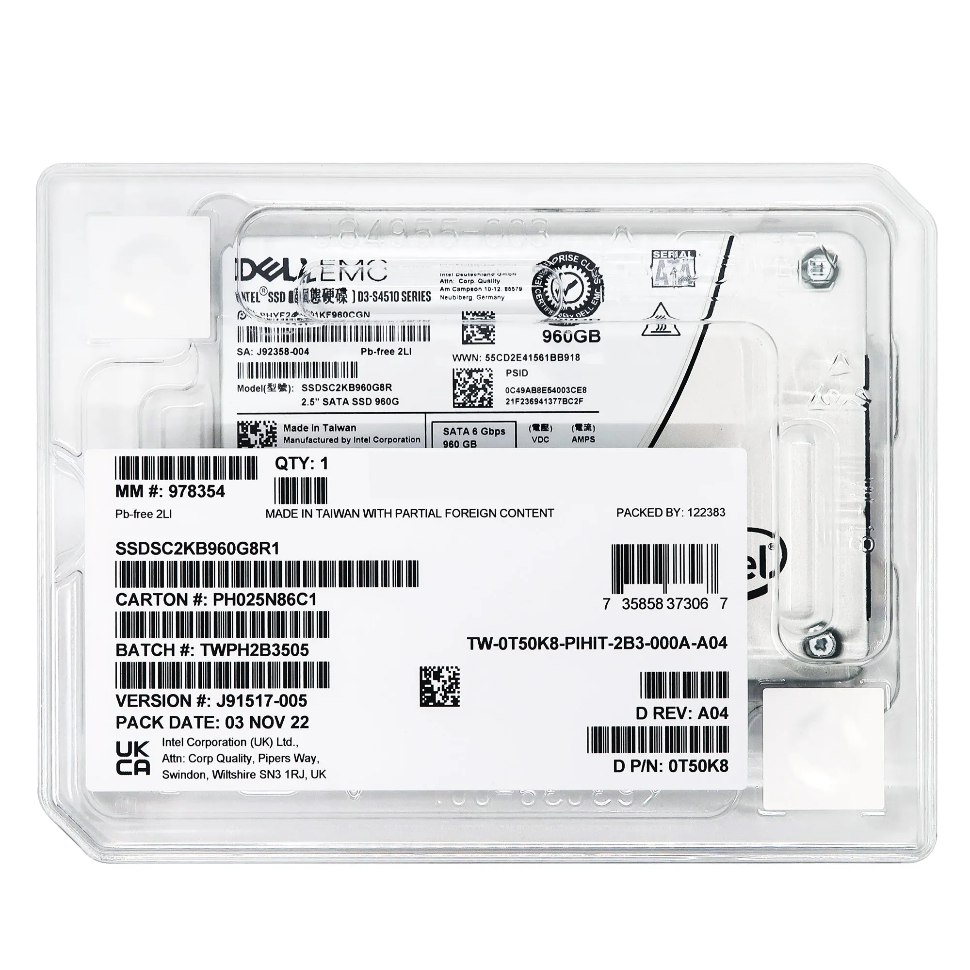 Dell D3-S4510 SSDSC2KB960G8R1 0T50K8 960GB SATA 6Gb/s 3D TLC 2DWPD 2.5in Solid State Drive