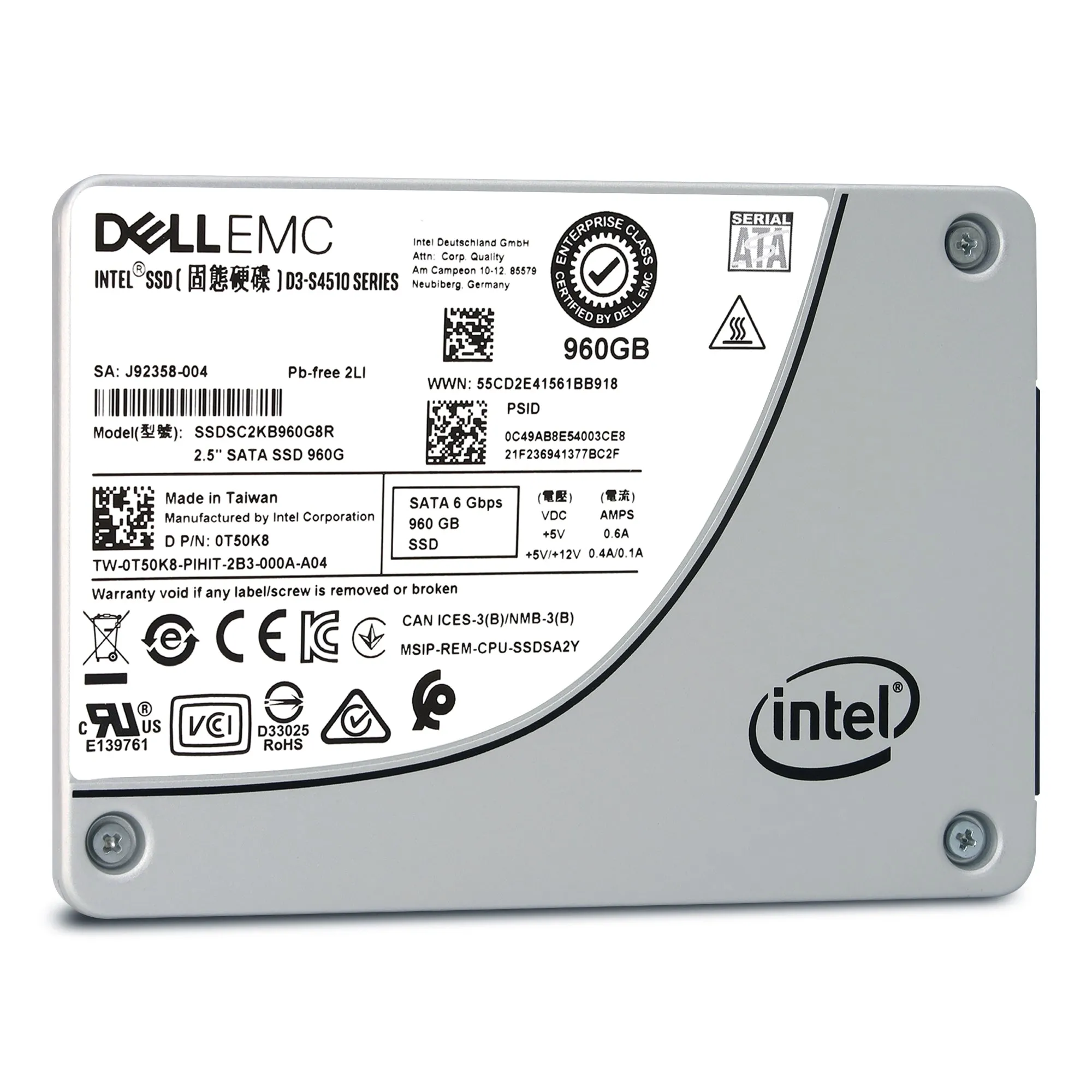 Dell D3-S4510 SSDSC2KB960G8R1 0T50K8 960GB SATA 6Gb/s 3D TLC 2DWPD 2.5in Solid State Drive