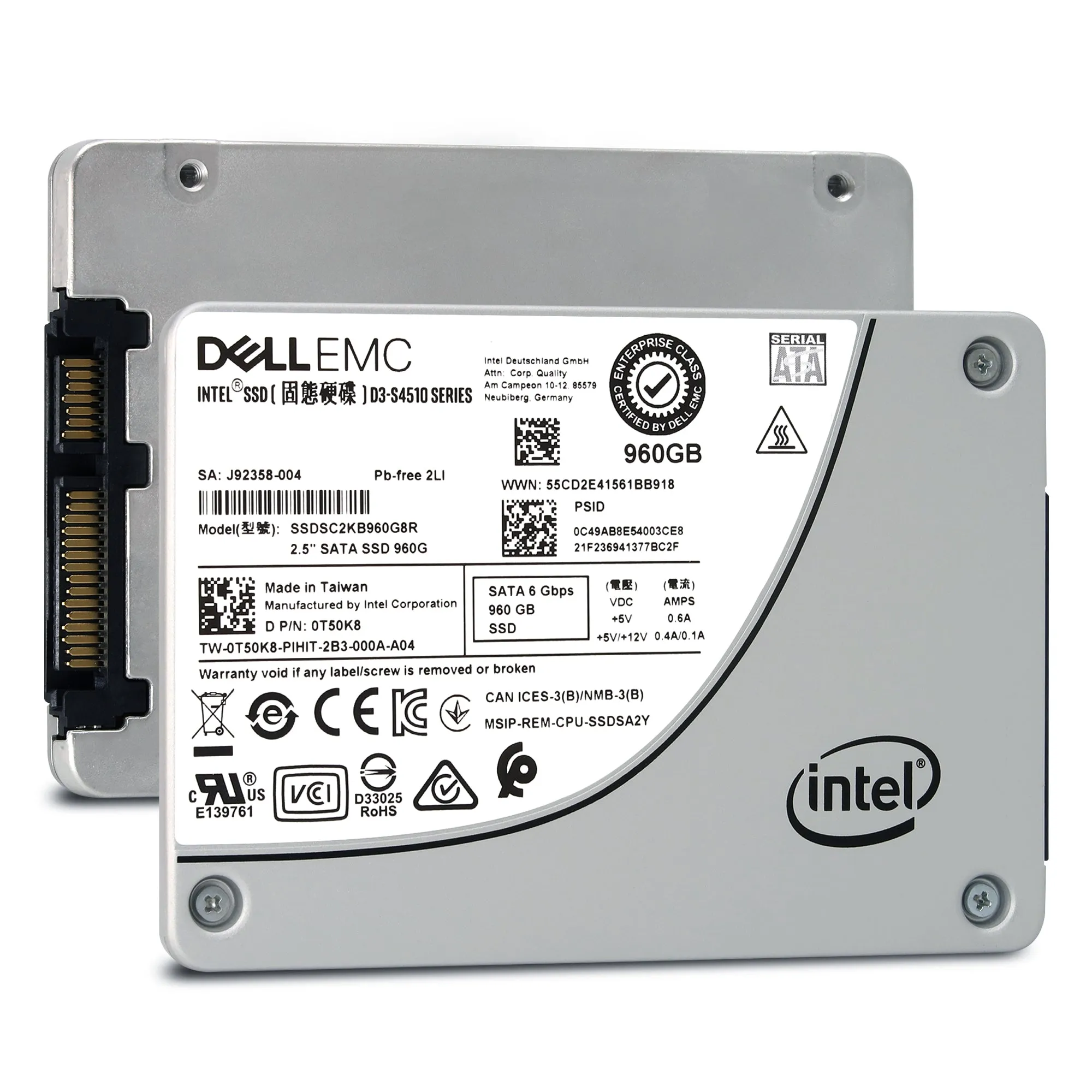 Dell D3-S4510 SSDSC2KB960G8R1 0T50K8 960GB SATA 6Gb/s 3D TLC 2DWPD 2.5in Solid State Drive