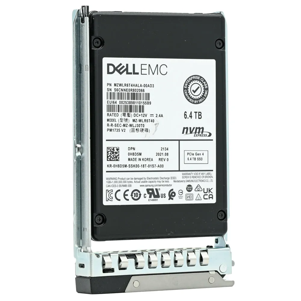 Dell G14 H8D5M MZWLR6T4HALA 6.4TB PCIe Gen 4.0 x4 8GB/s U.2 NVMe 3DWPD Mixed Use 2.5in Refurbished SSD