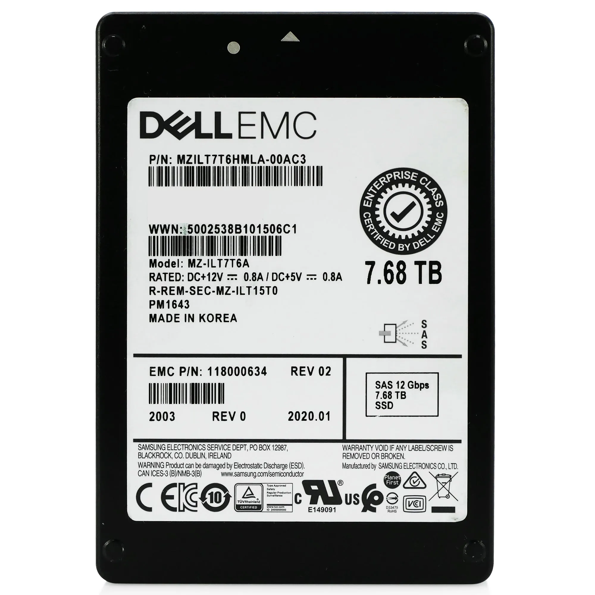 Dell/Samsung PM1643a MZILT7T6HMLA 7.68TB 1 DWPD SAS 12Gb/s 2.5in Refurbished SSD