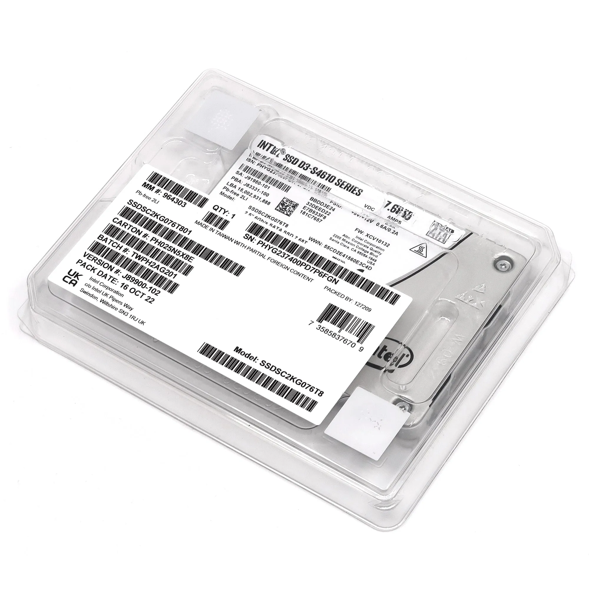 Intel D3-S4610 SSDSC2KG076T801 7.68TB SATA 6Gb/s 3D TLC 3DWPD 2.5in Solid State Drive