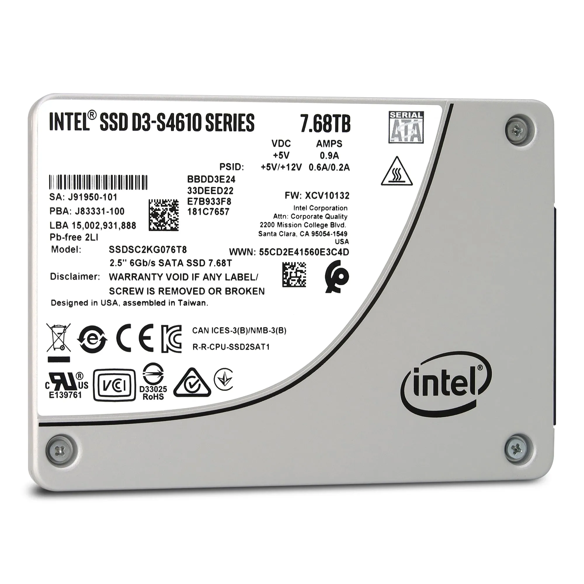 Intel D3-S4610 SSDSC2KG076T801 7.68TB SATA 6Gb/s 3D TLC 3DWPD 2.5in Solid State Drive