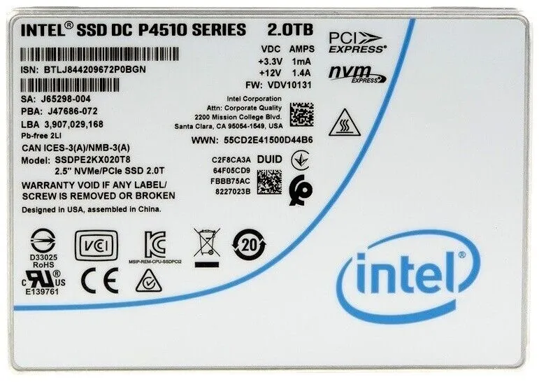 Intel P4510 SSDPE2KX020T801 2TB PCIe Gen 3.1 x4 4GB/s U.2 NVMe 2.5in Refurbished SSD
