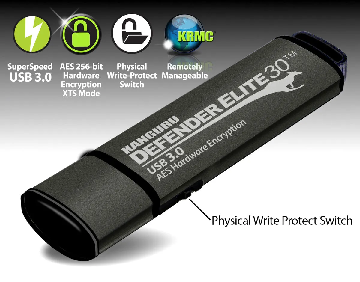 Kanguru Defender Elite30™ USB 3.0 Hardware Encrypted Flash Drive with Physical Write Protect Switch