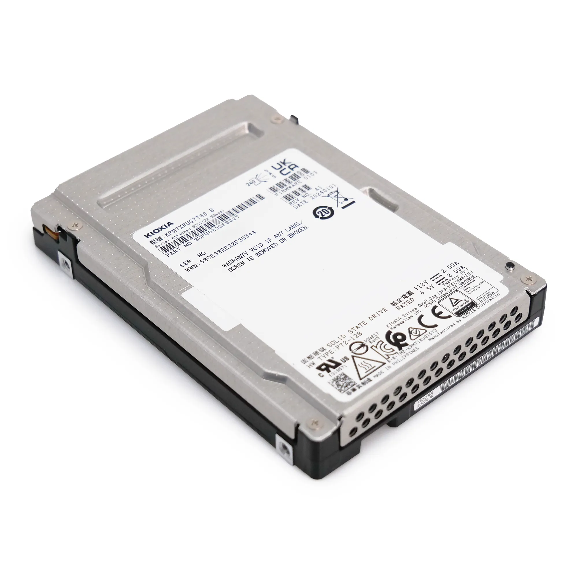 Kioxia PM7-R KPM7XRUG7T68 7.68TB 1 DWPD SAS-4 25Gb/s Read Intensive TLC 2.5in Recertified Solid State Drive