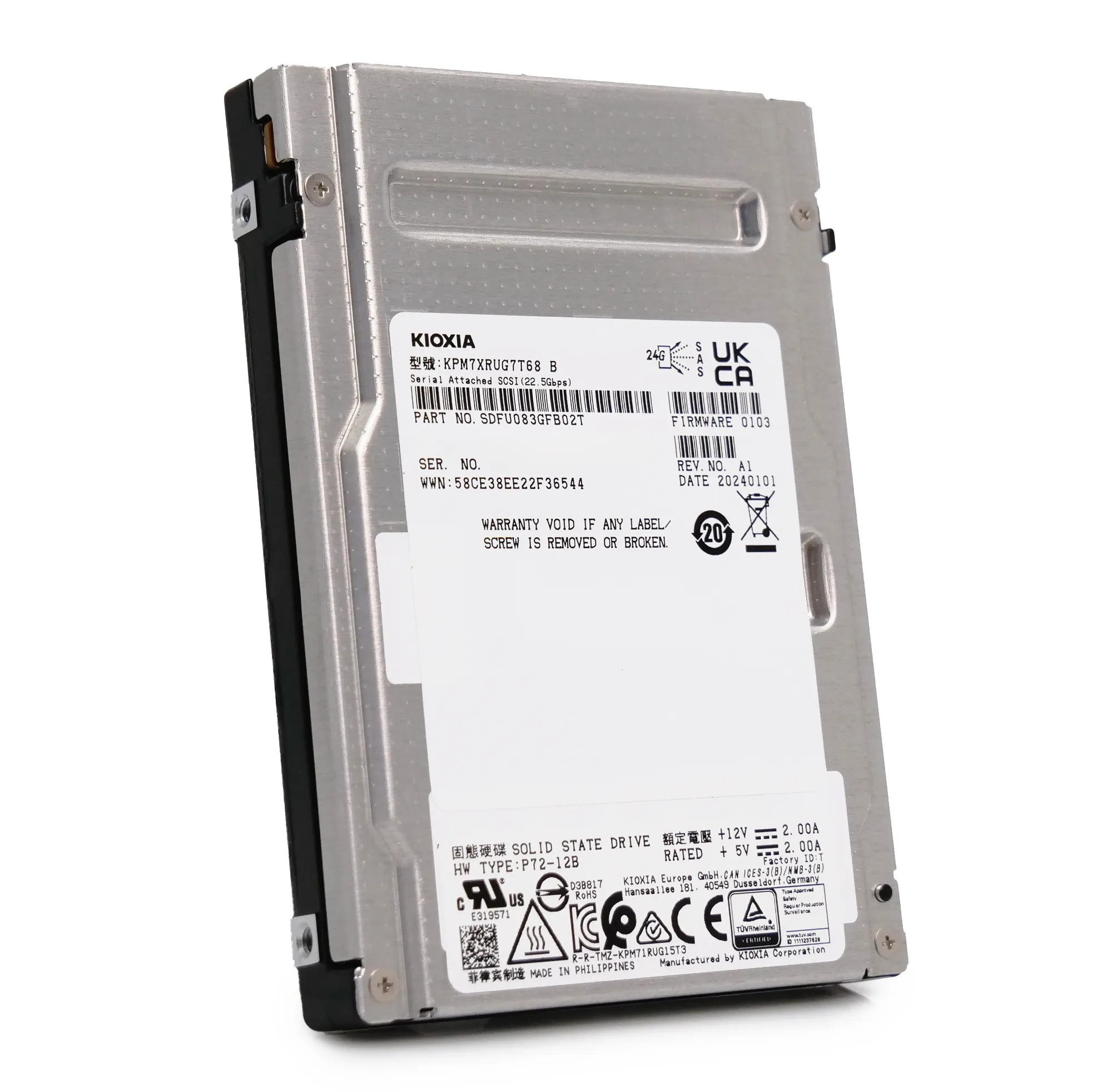 Kioxia PM7-R KPM7XRUG7T68 7.68TB 1 DWPD SAS-4 25Gb/s Read Intensive TLC 2.5in Recertified Solid State Drive