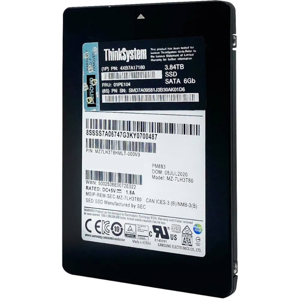 Lenovo PM883 MZ7LH3T8HMLT 01PE104 3.84TB SATA 6Gb/s 2.5in Refurbished SSD